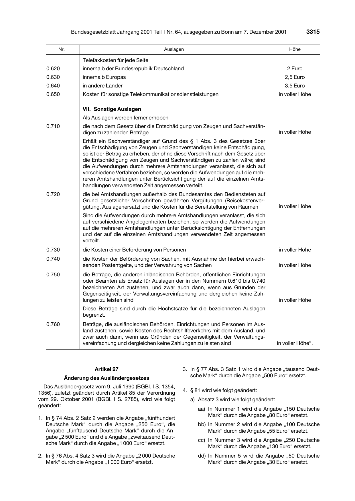 BGBl. 2001, Seite 3315 — Originalseite als Abbildung