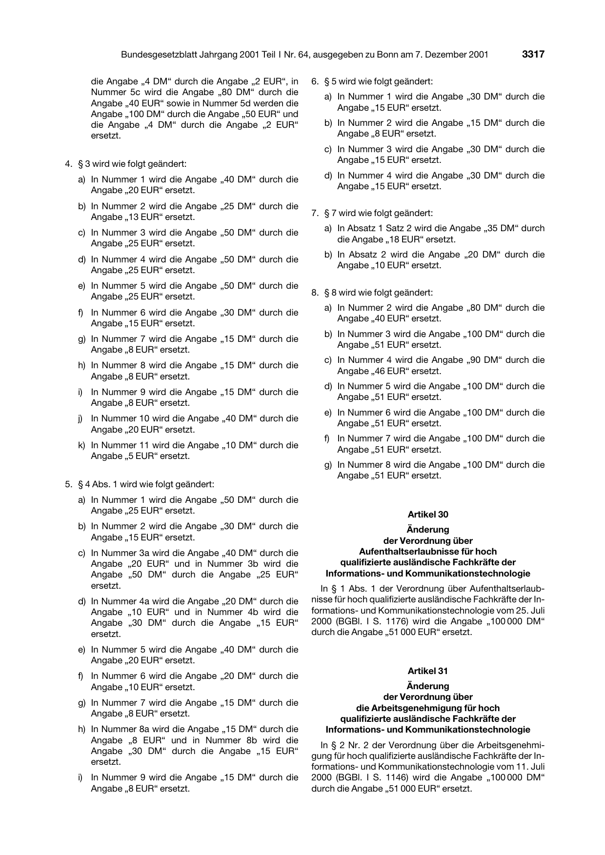 BGBl. 2001, Seite 3317 — Originalseite als Abbildung