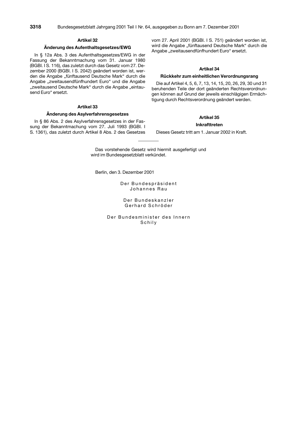 BGBl. 2001, Seite 3318 — Originalseite als Abbildung