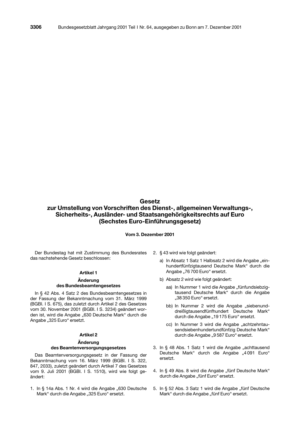 BGBl. 2001, Seite 3306 — Originalseite als Abbildung
