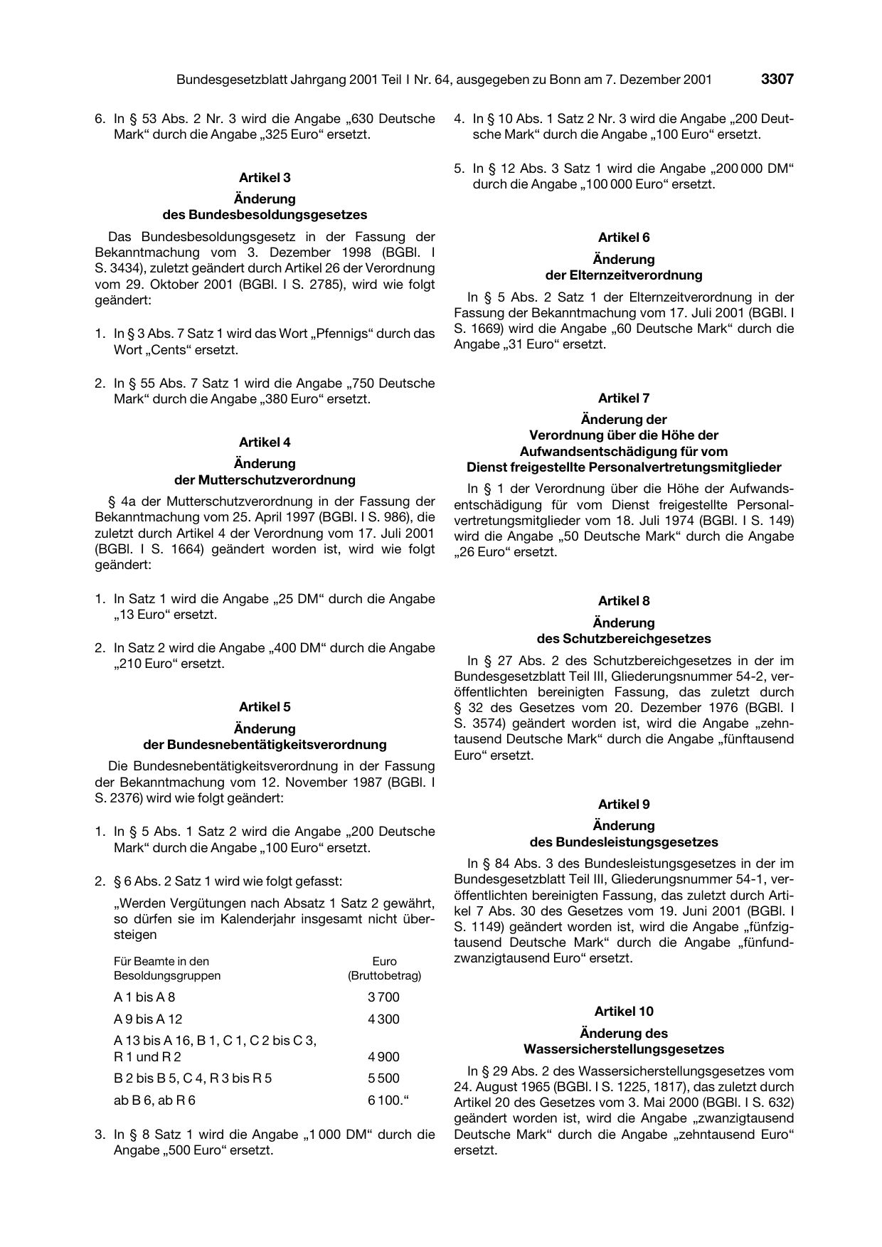 BGBl. 2001, Seite 3307 — Originalseite als Abbildung