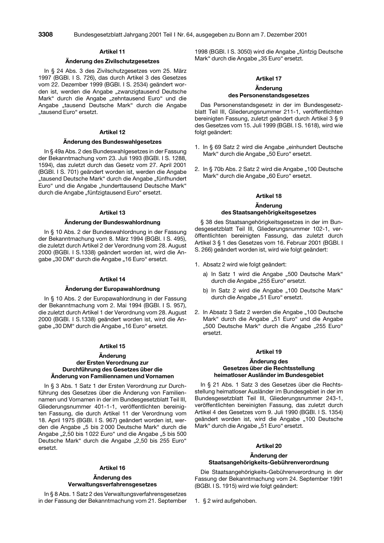 BGBl. 2001, Seite 3308 — Originalseite als Abbildung