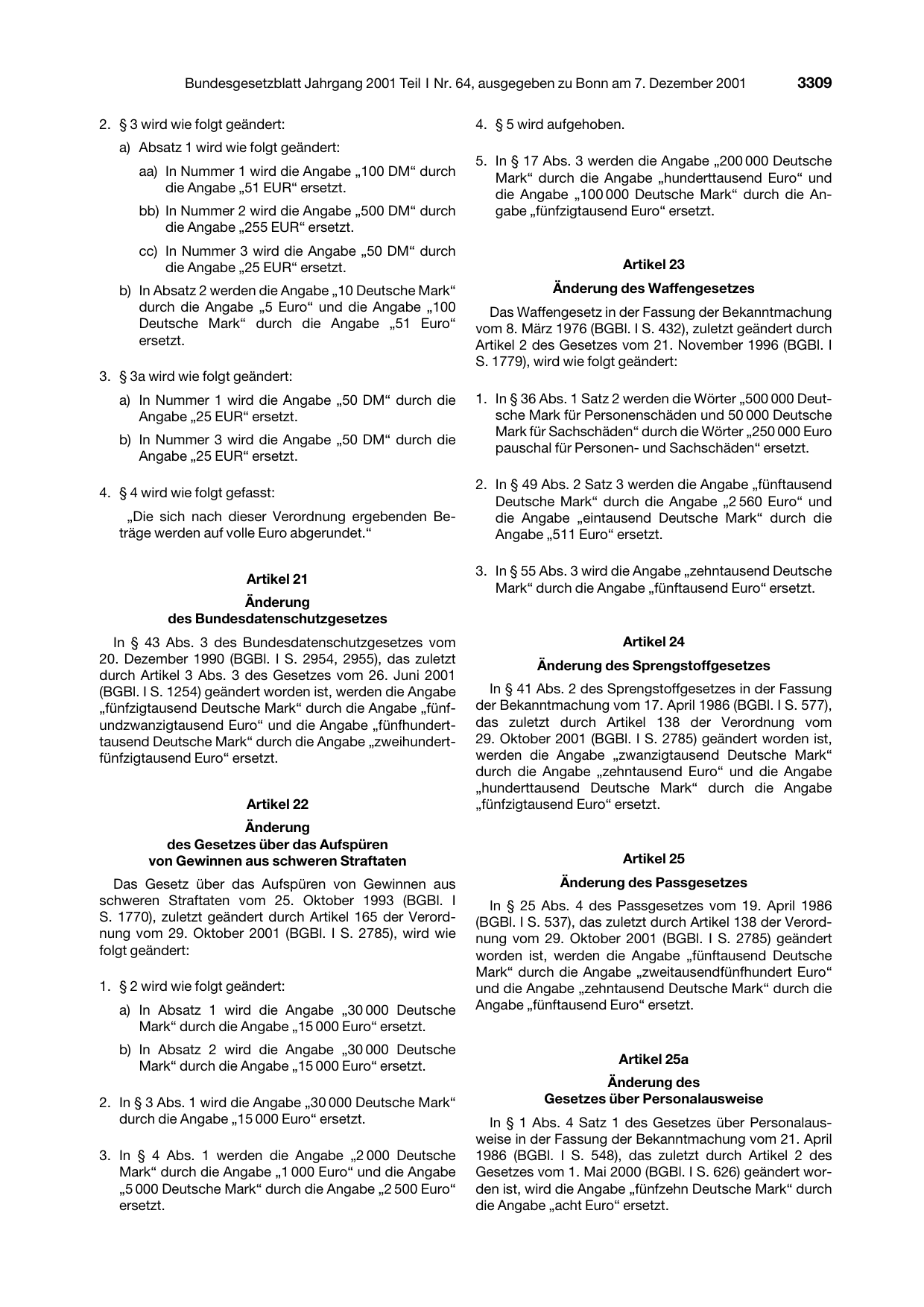 BGBl. 2001, Seite 3309 — Originalseite als Abbildung