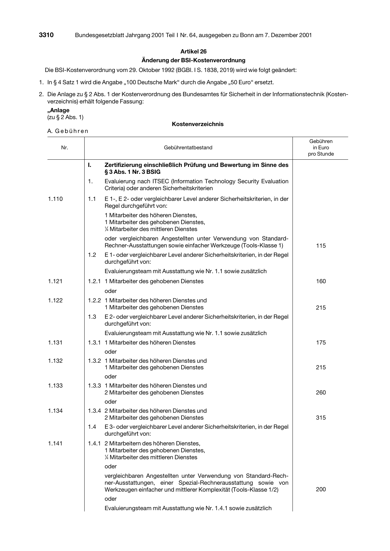 BGBl. 2001, Seite 3310 — Originalseite als Abbildung