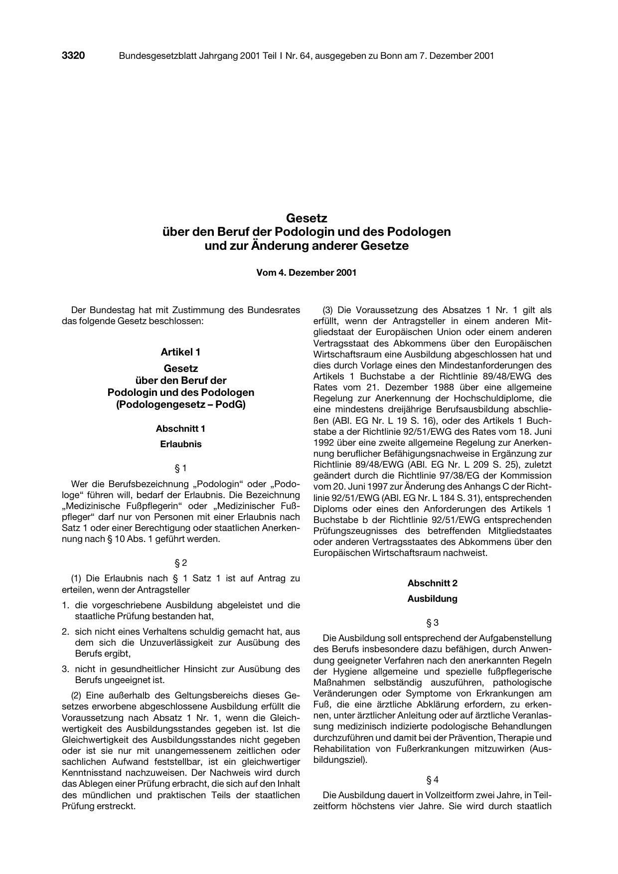 BGBl. 2001, Seite 3320 — Originalseite als Abbildung