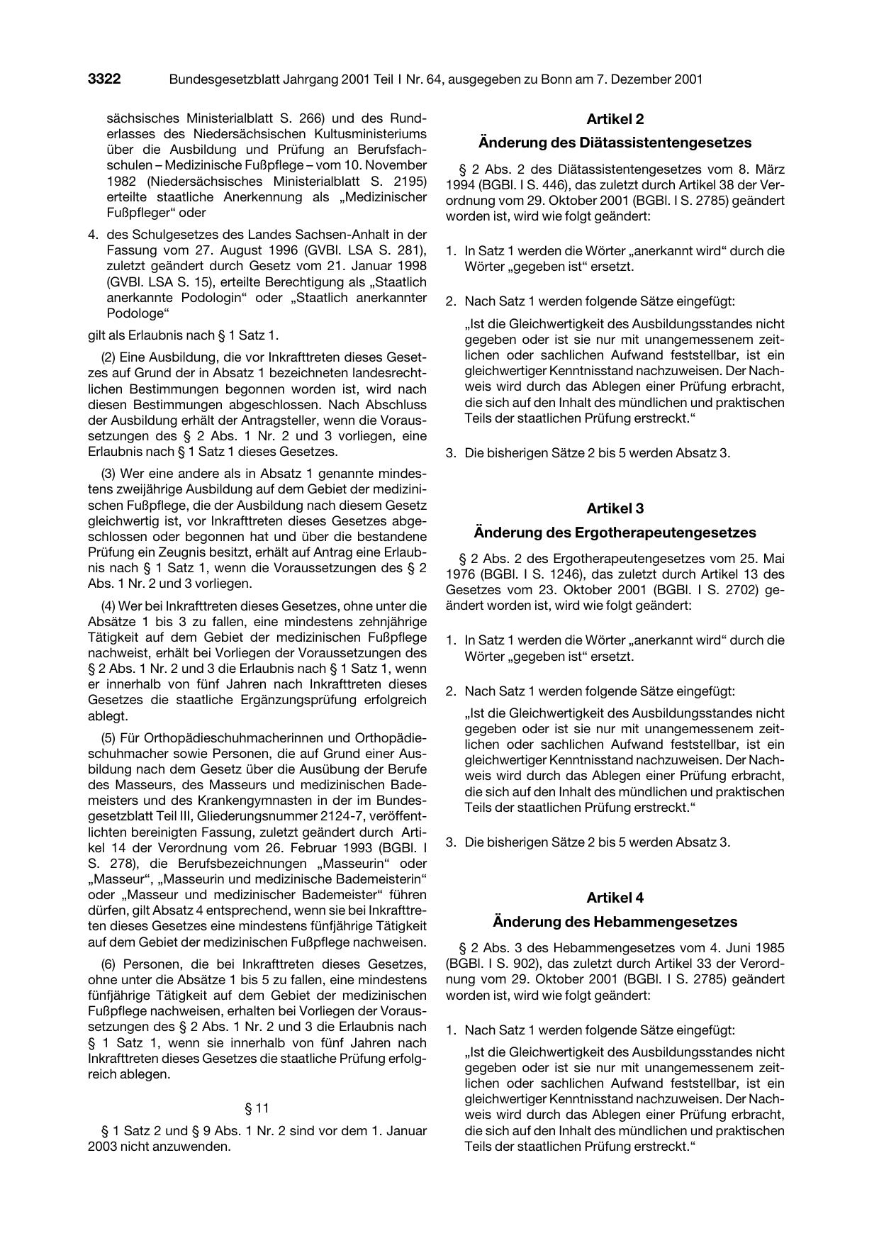 BGBl. 2001, Seite 3322 — Originalseite als Abbildung