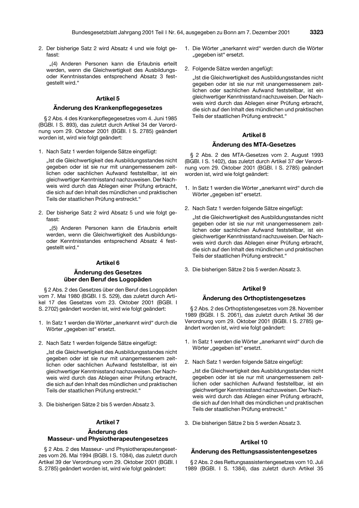 BGBl. 2001, Seite 3323 — Originalseite als Abbildung