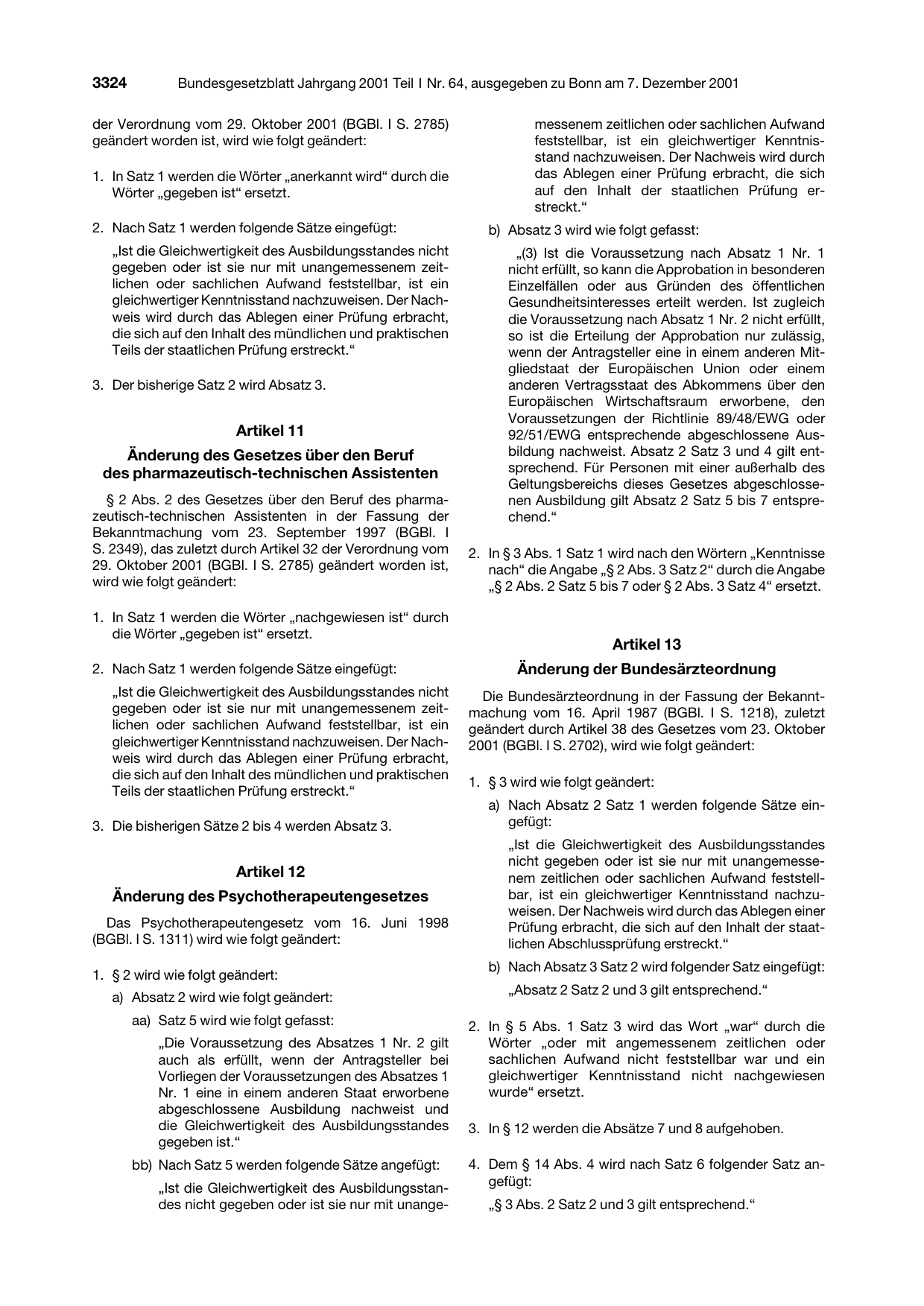 BGBl. 2001, Seite 3324 — Originalseite als Abbildung