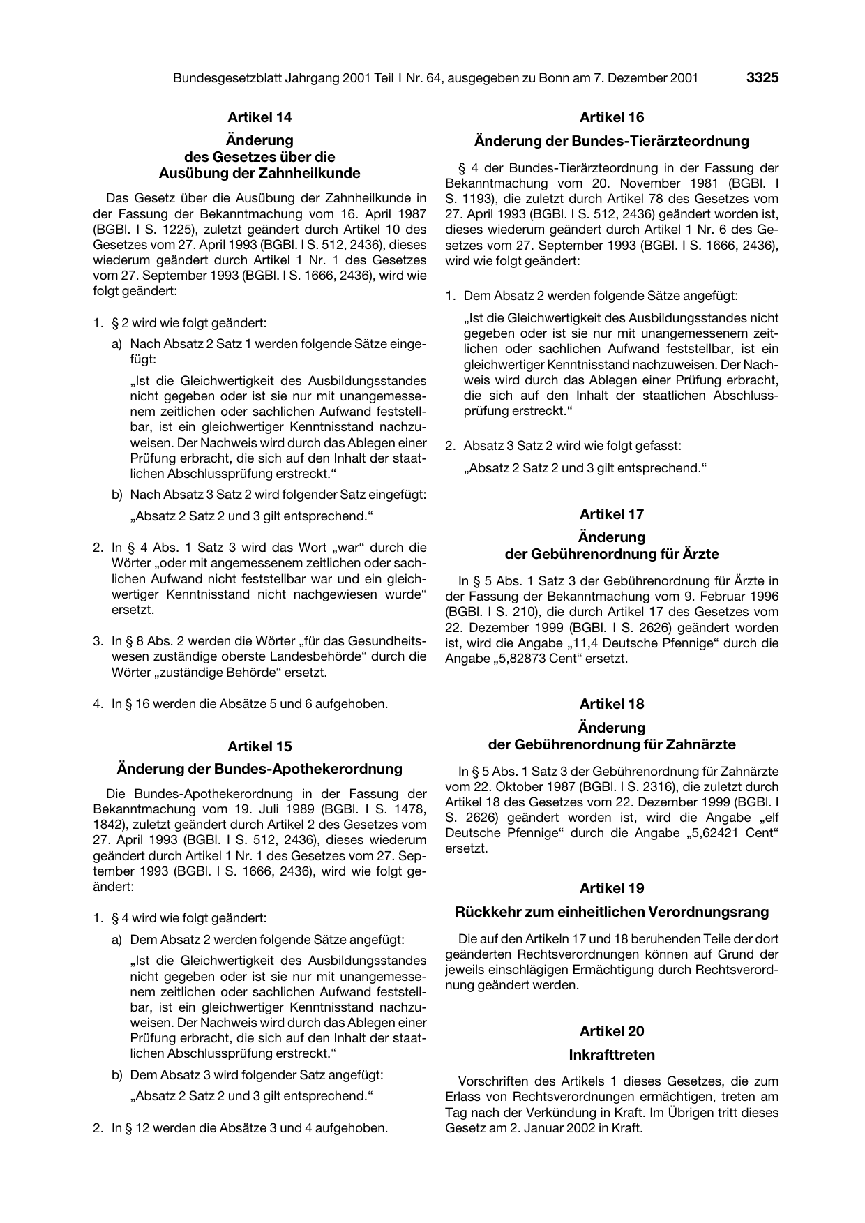 BGBl. 2001, Seite 3325 — Originalseite als Abbildung