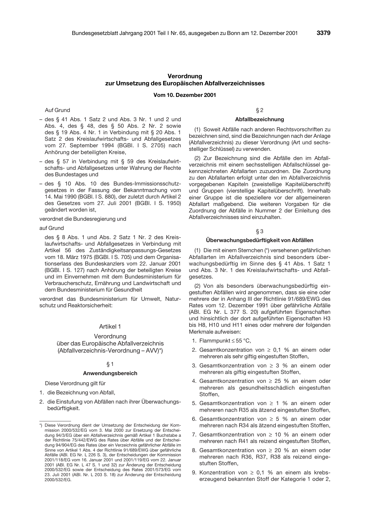 BGBl. 2001, Seite 3379 — Originalseite als Abbildung