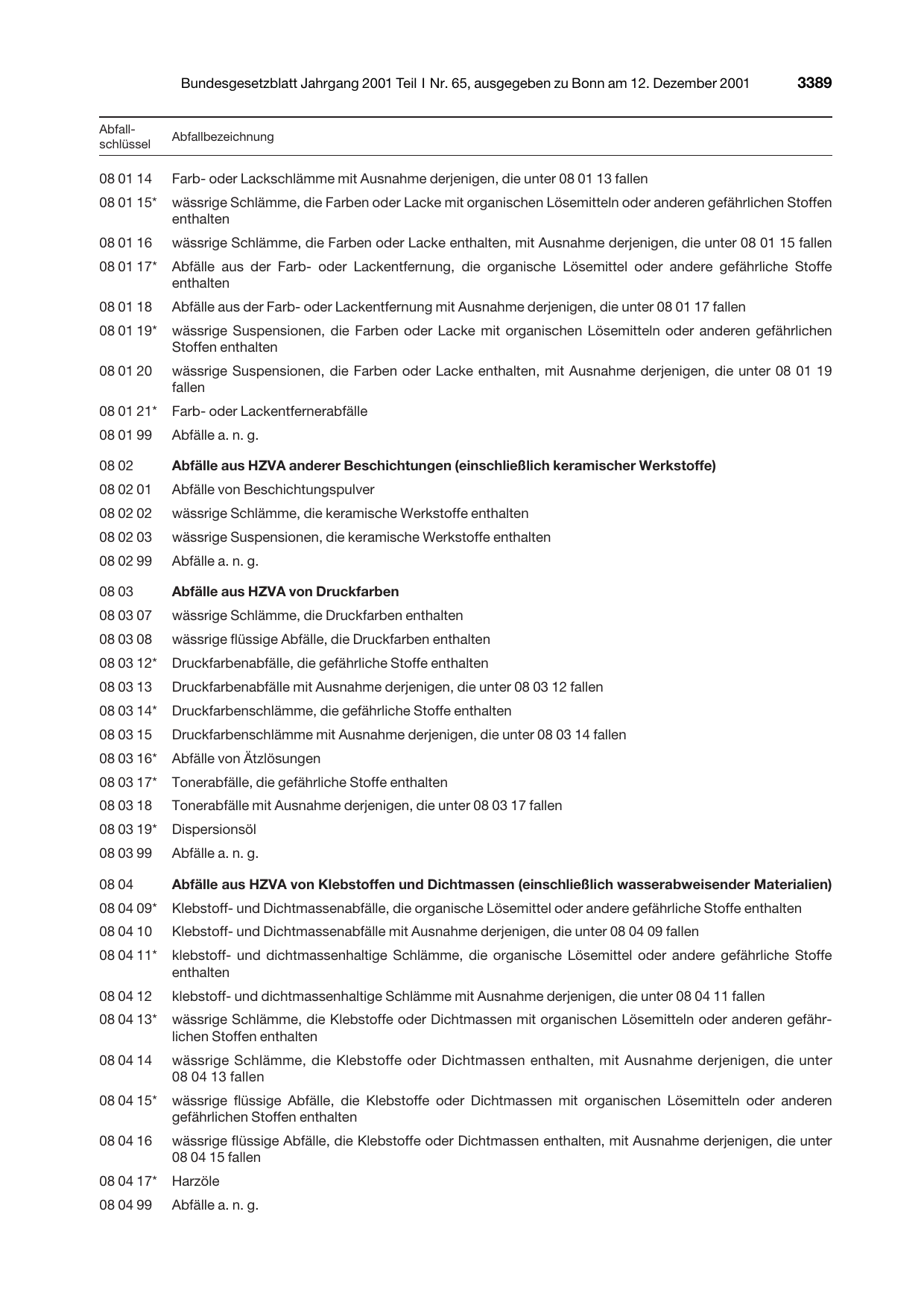 BGBl. 2001, Seite 3389 — Originalseite als Abbildung