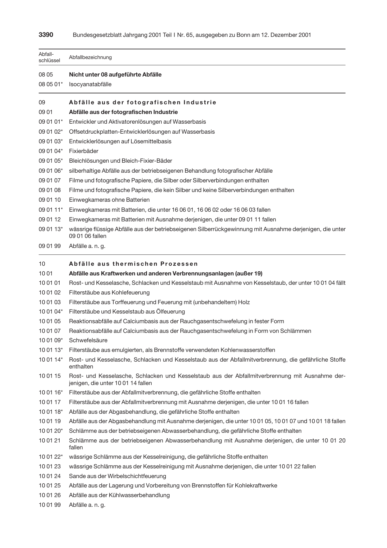 BGBl. 2001, Seite 3390 — Originalseite als Abbildung