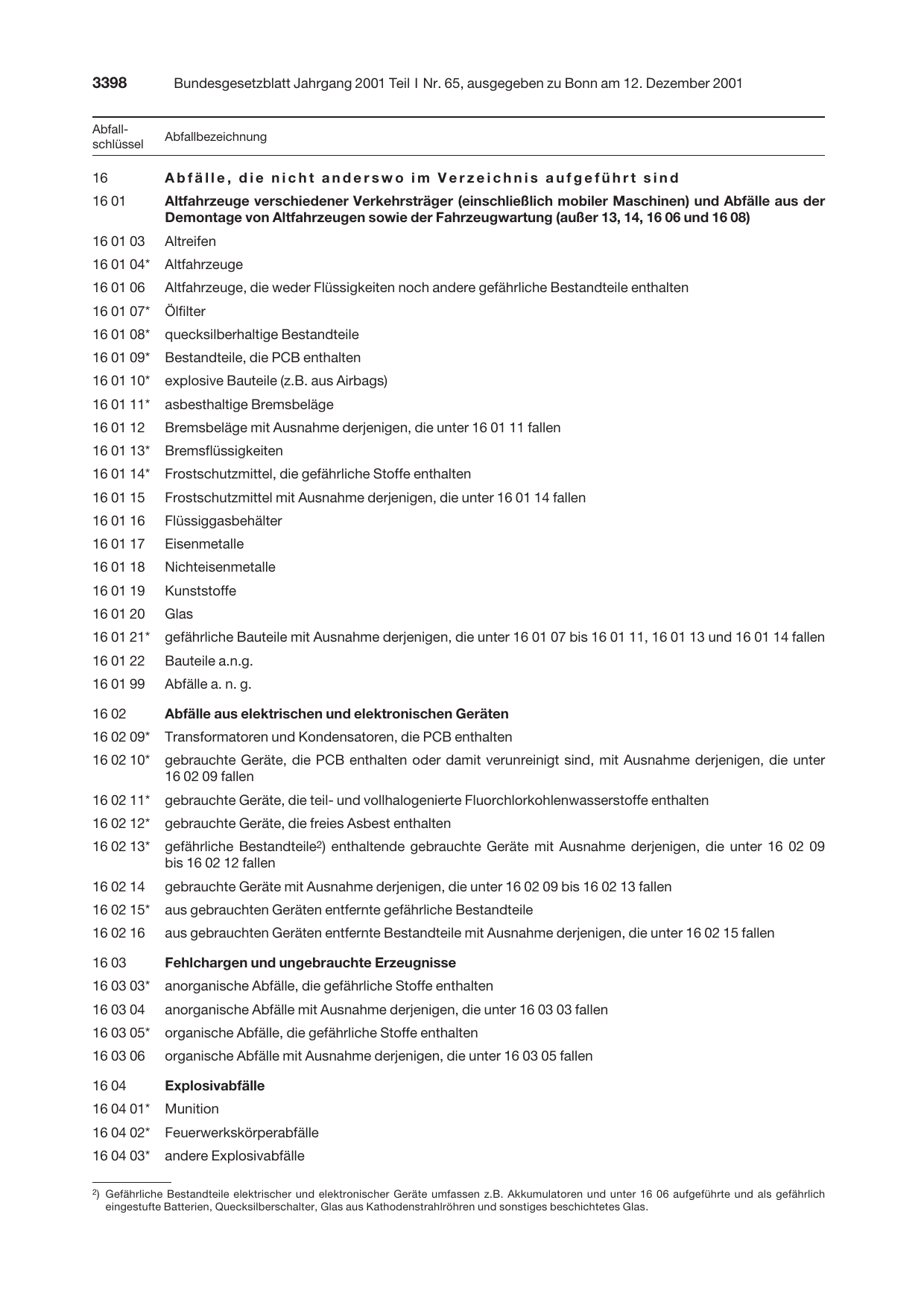 BGBl. 2001, Seite 3398 — Originalseite als Abbildung