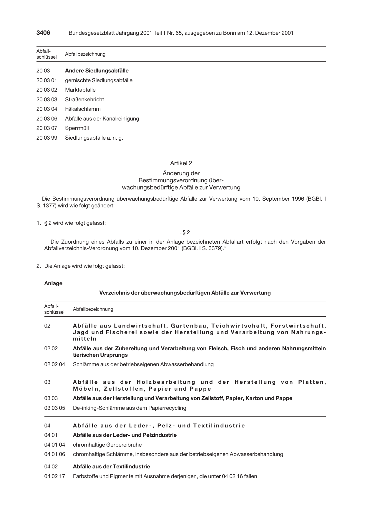 BGBl. 2001, Seite 3406 — Originalseite als Abbildung