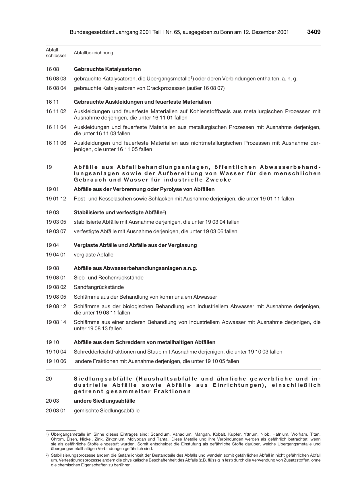 BGBl. 2001, Seite 3409 — Originalseite als Abbildung