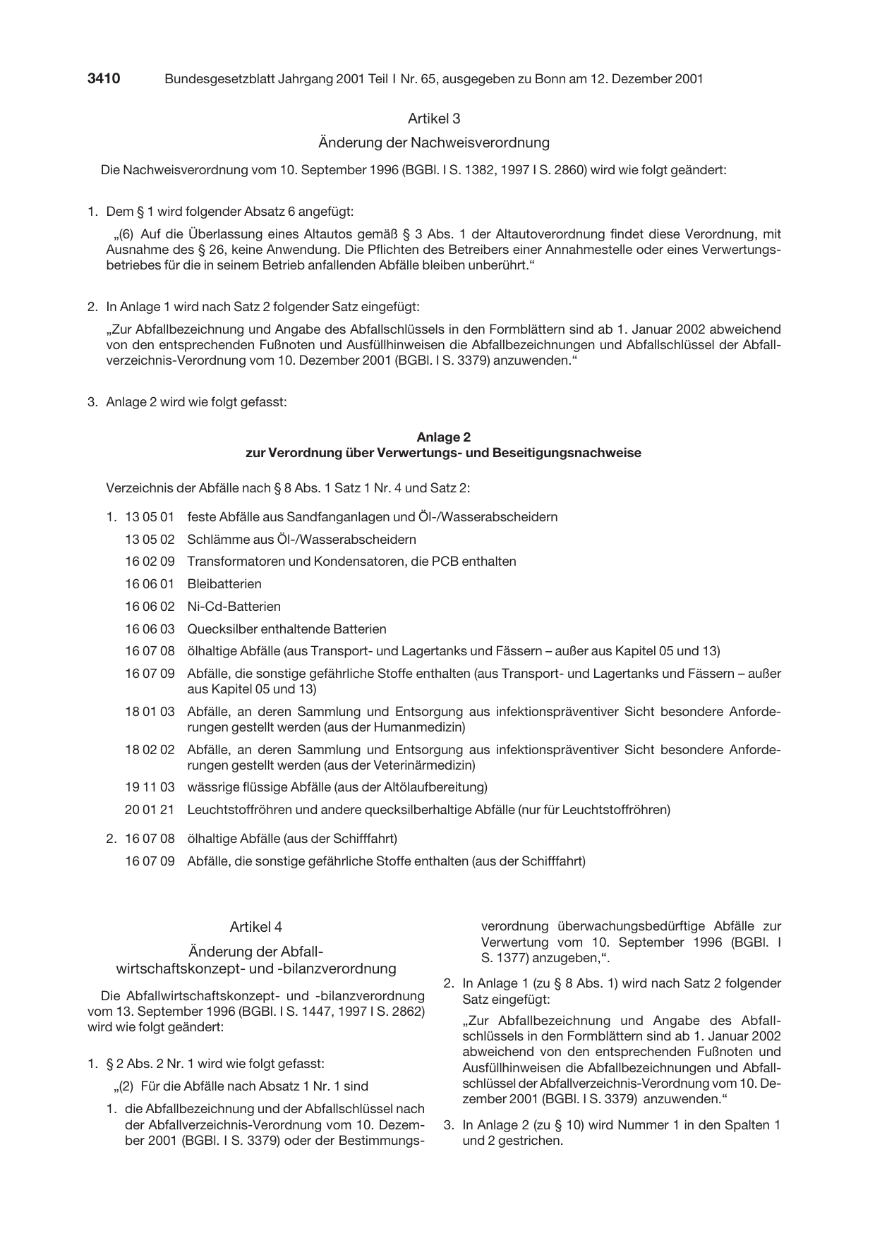 BGBl. 2001, Seite 3410 — Originalseite als Abbildung