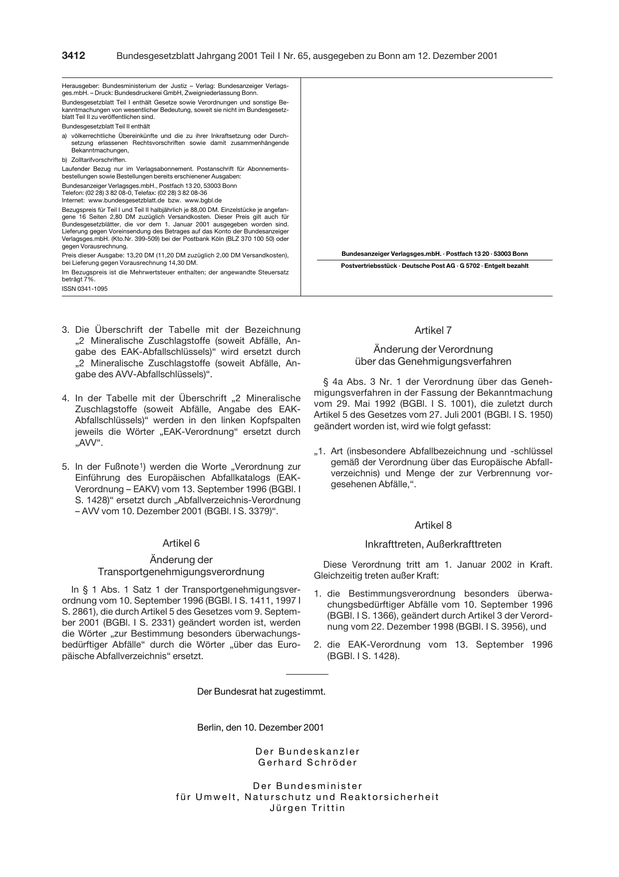 BGBl. 2001, Seite 3412 — Originalseite als Abbildung