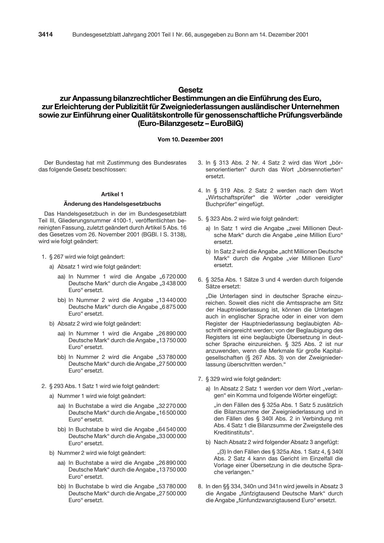 BGBl. 2001, Seite 3414 — Originalseite als Abbildung