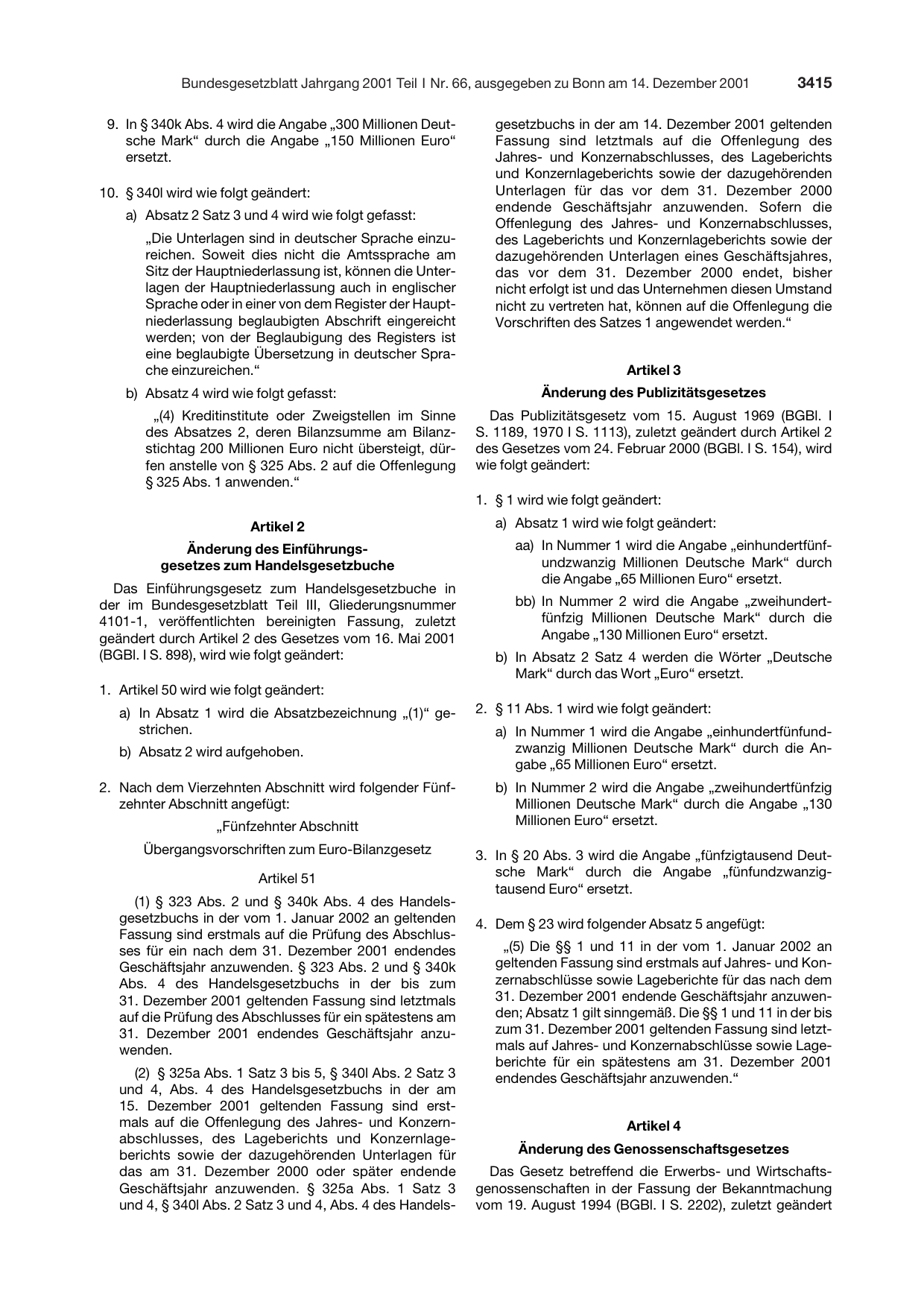 BGBl. 2001, Seite 3415 — Originalseite als Abbildung