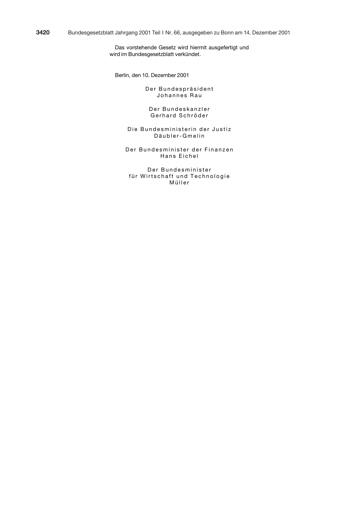 BGBl. 2001, Seite 3420 — Originalseite als Abbildung