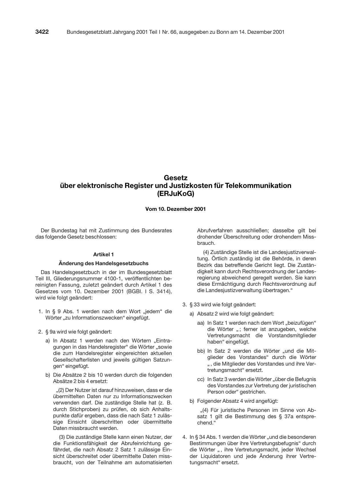 BGBl. 2001, Seite 3422 — Originalseite als Abbildung