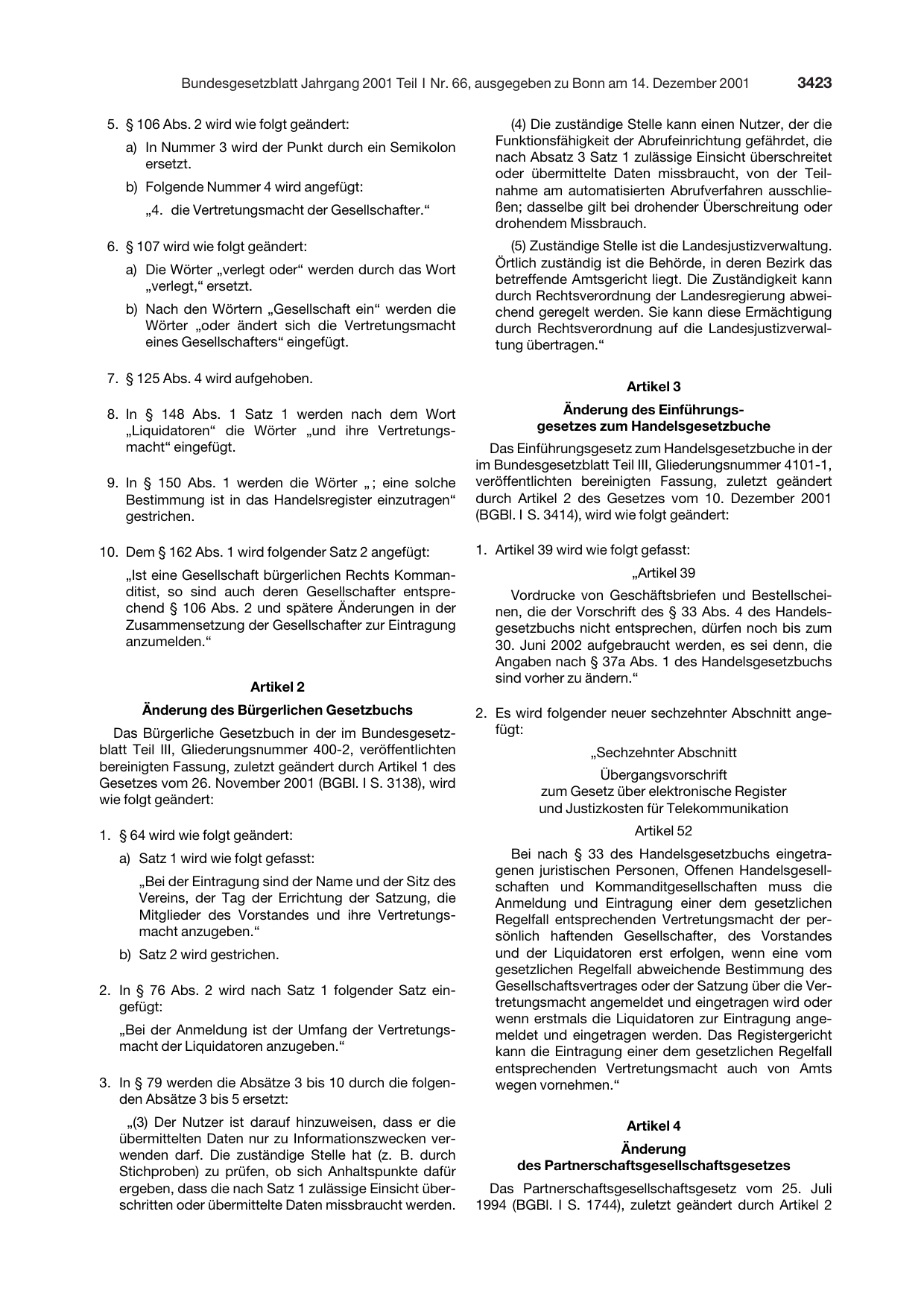 BGBl. 2001, Seite 3423 — Originalseite als Abbildung