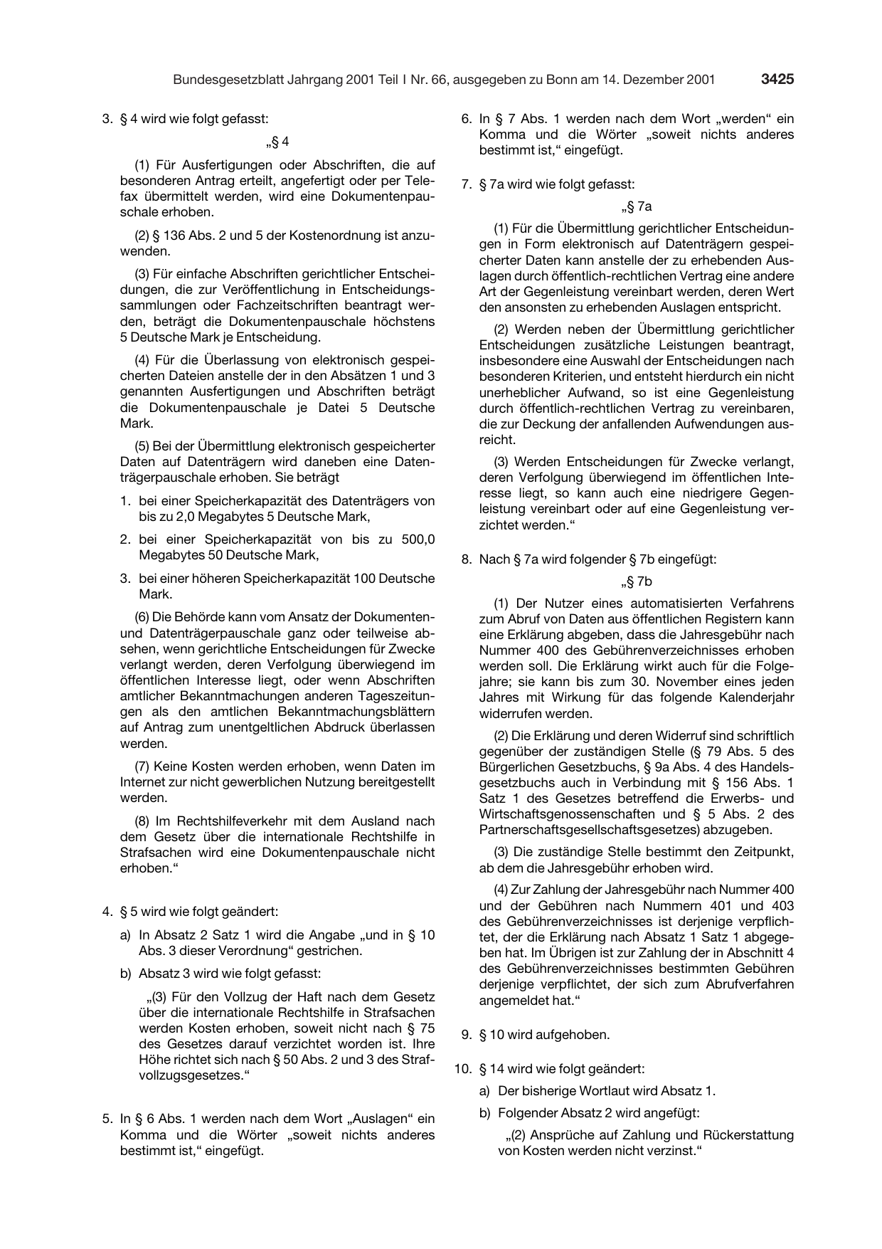 BGBl. 2001, Seite 3425 — Originalseite als Abbildung