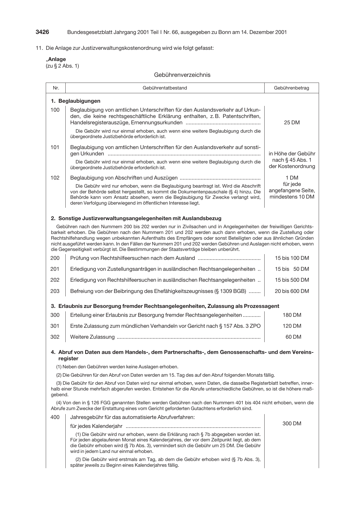 BGBl. 2001, Seite 3426 — Originalseite als Abbildung