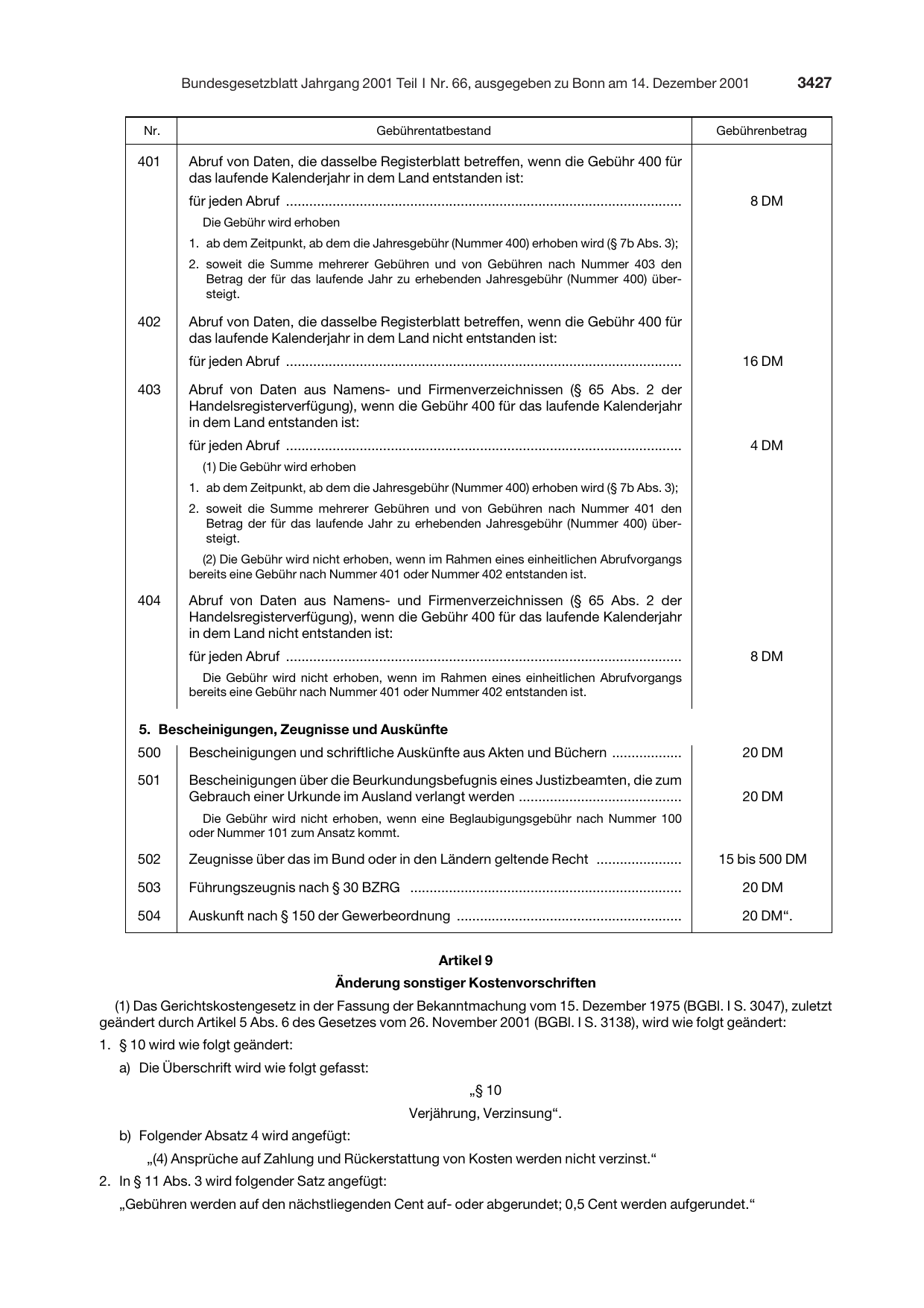 BGBl. 2001, Seite 3427 — Originalseite als Abbildung
