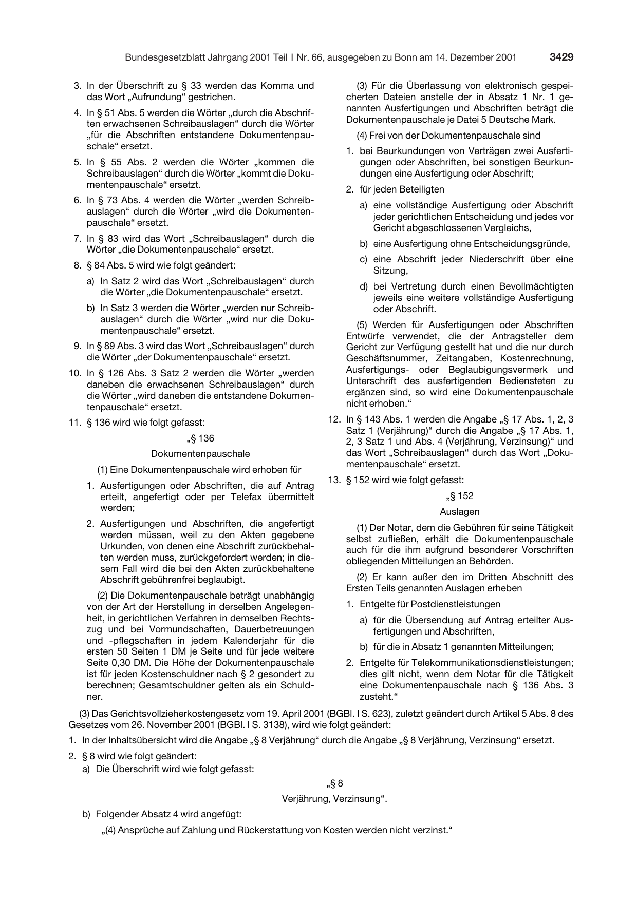 BGBl. 2001, Seite 3429 — Originalseite als Abbildung