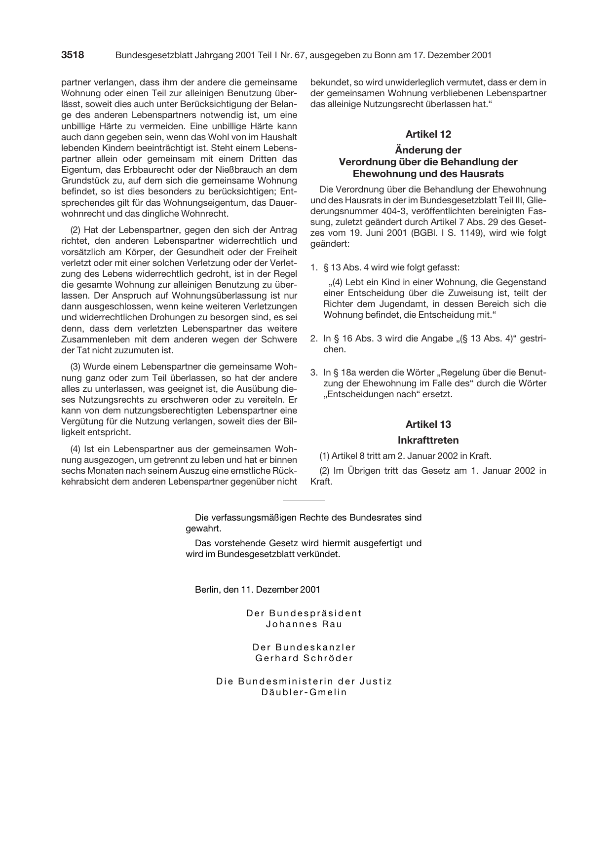 BGBl. 2001, Seite 3518 — Originalseite als Abbildung
