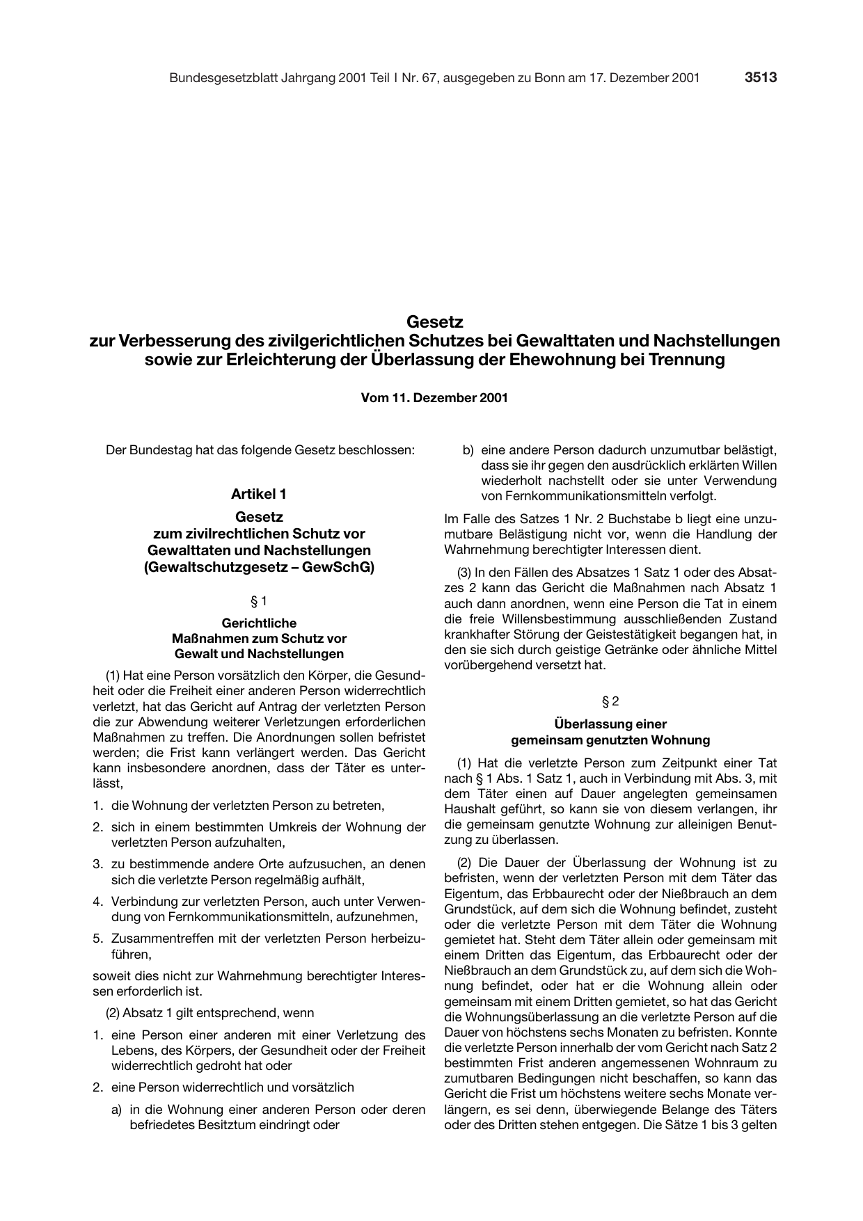BGBl. 2001, Seite 3513 — Originalseite als Abbildung