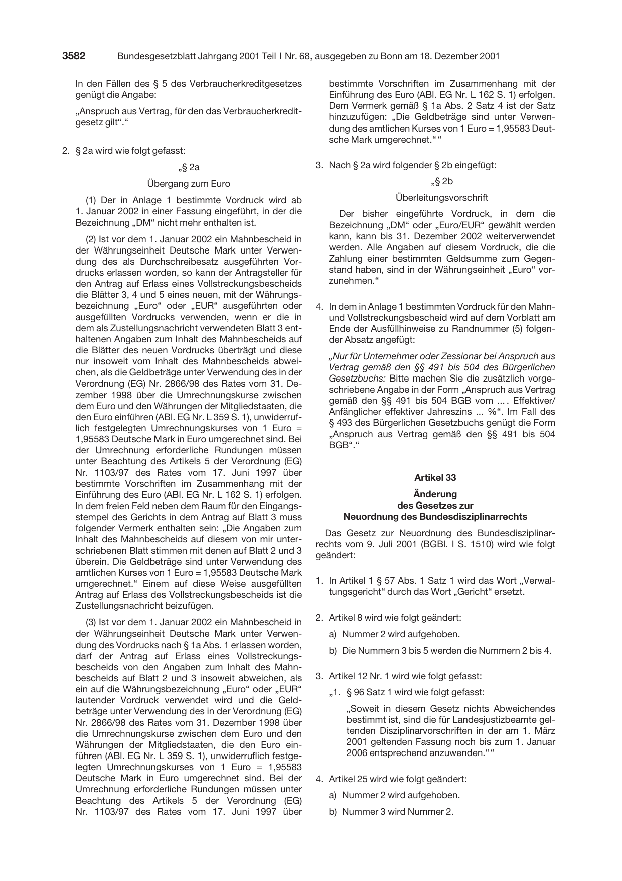 BGBl. 2001, Seite 3582 — Originalseite als Abbildung