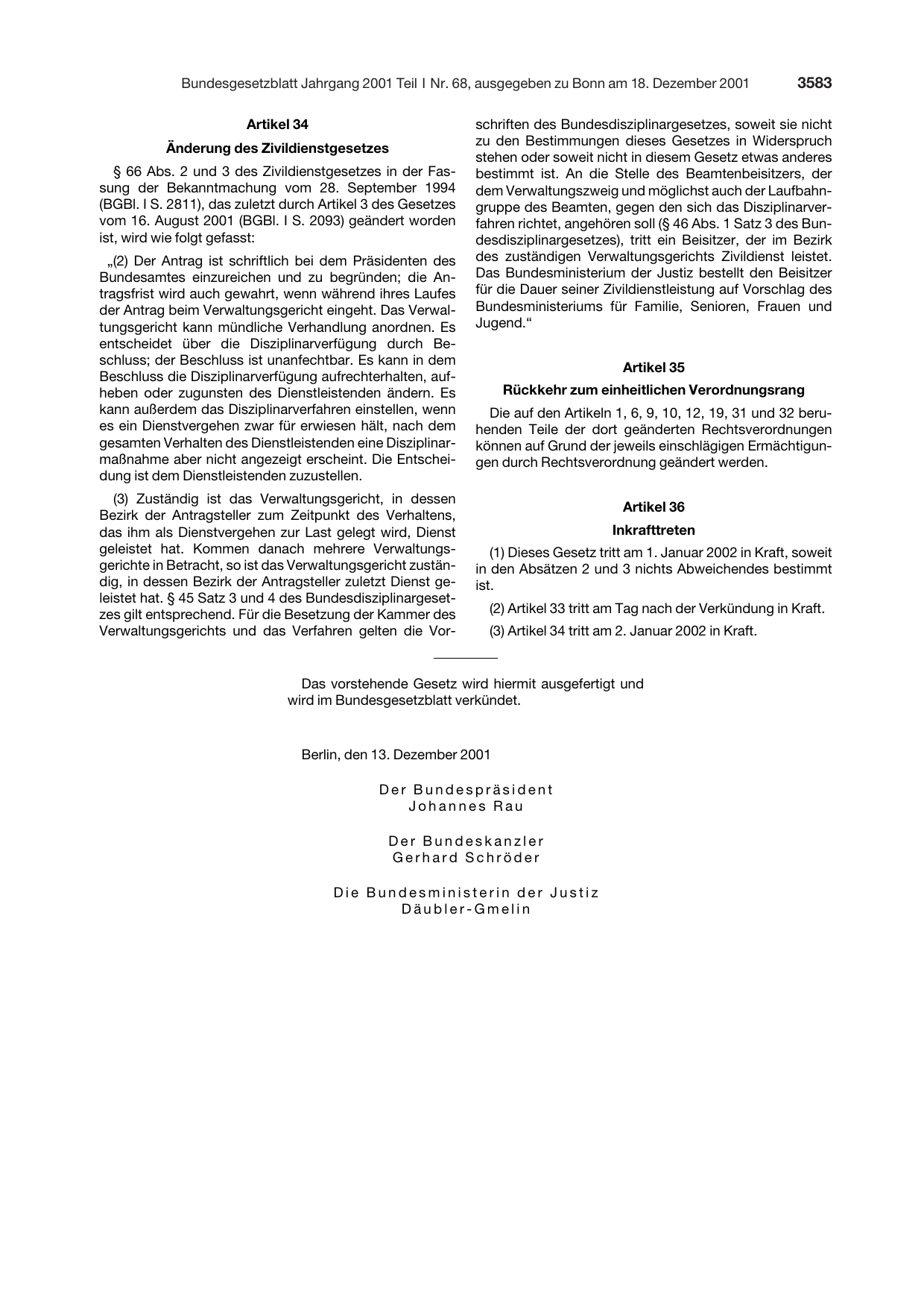 BGBl. 2001, Seite 3583 — Originalseite als Abbildung