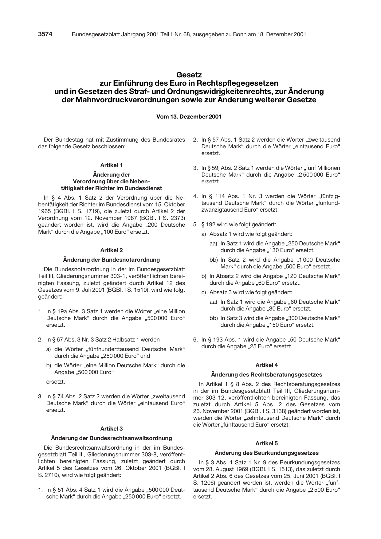 BGBl. 2001, Seite 3574 — Originalseite als Abbildung