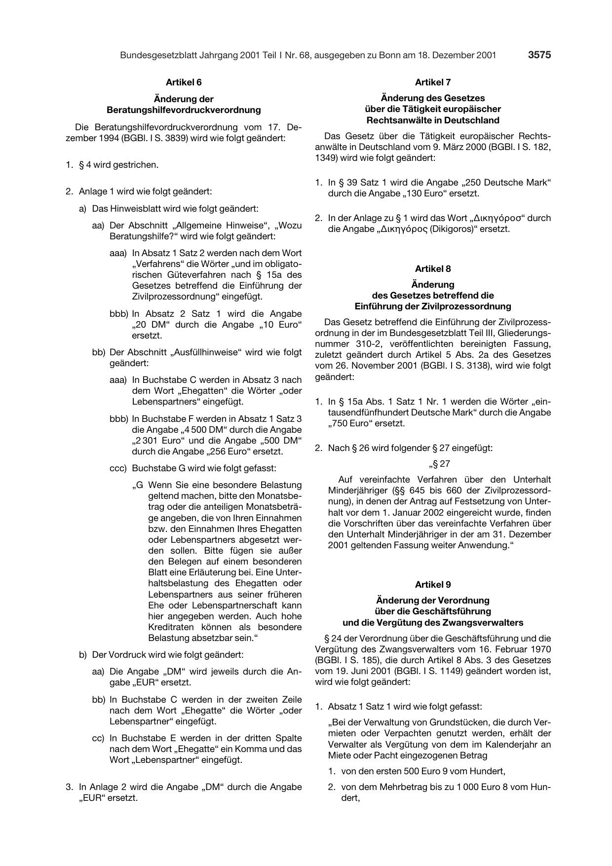 BGBl. 2001, Seite 3575 — Originalseite als Abbildung