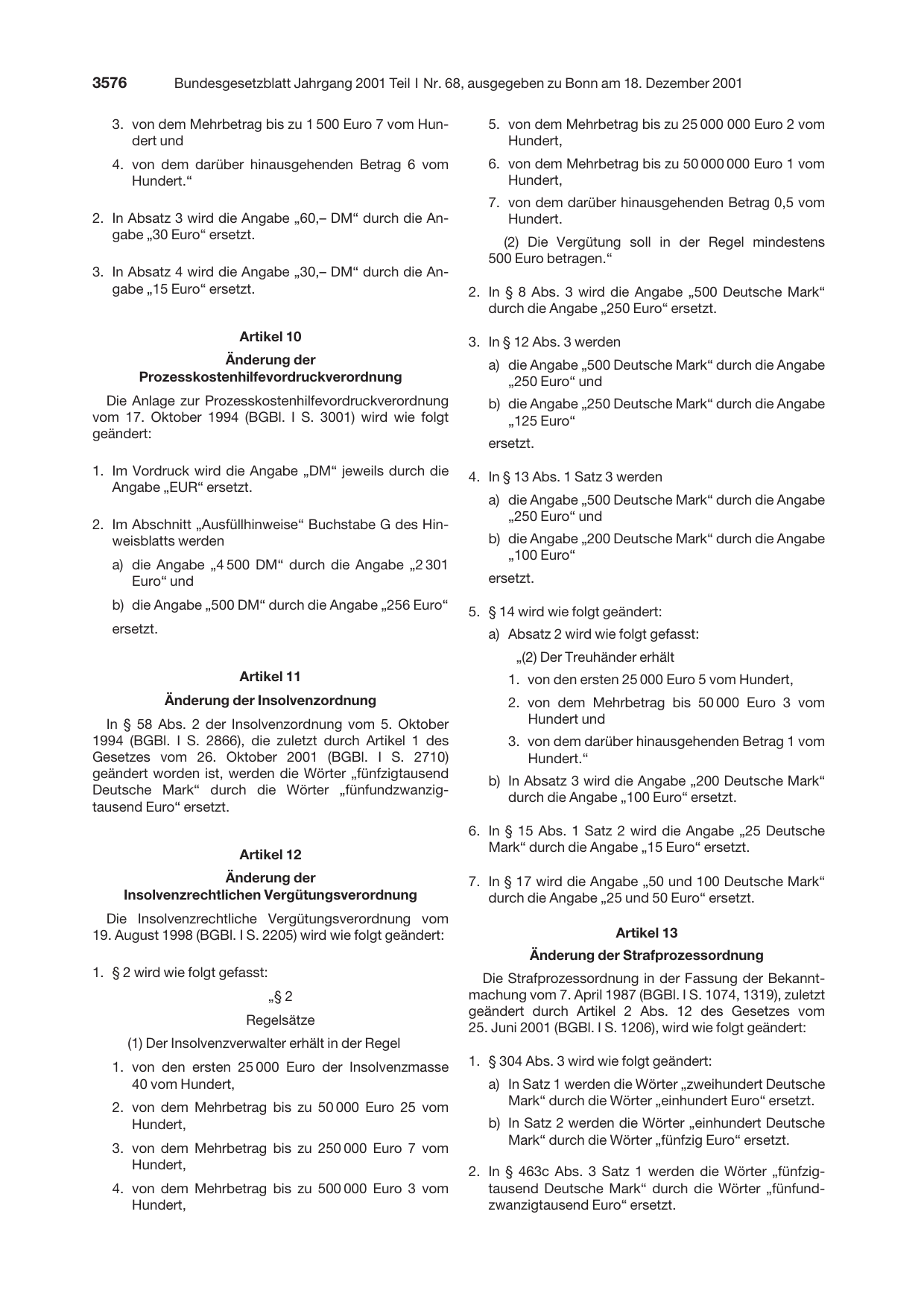 BGBl. 2001, Seite 3576 — Originalseite als Abbildung
