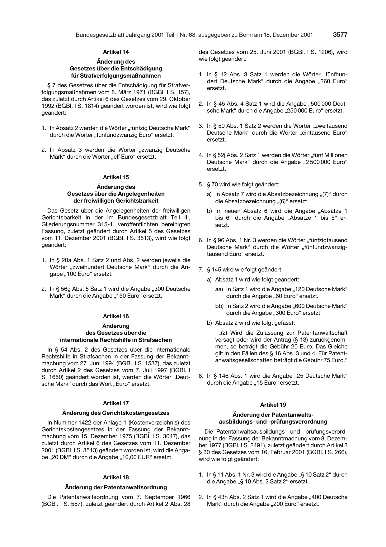BGBl. 2001, Seite 3577 — Originalseite als Abbildung