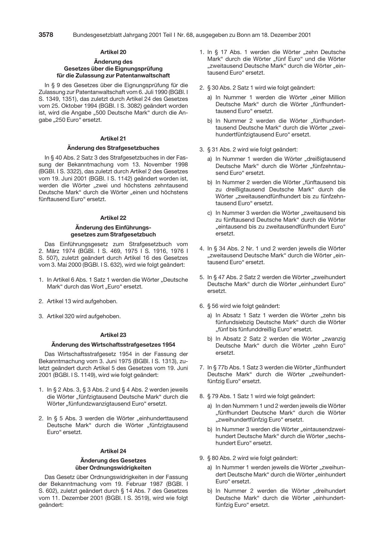 BGBl. 2001, Seite 3578 — Originalseite als Abbildung