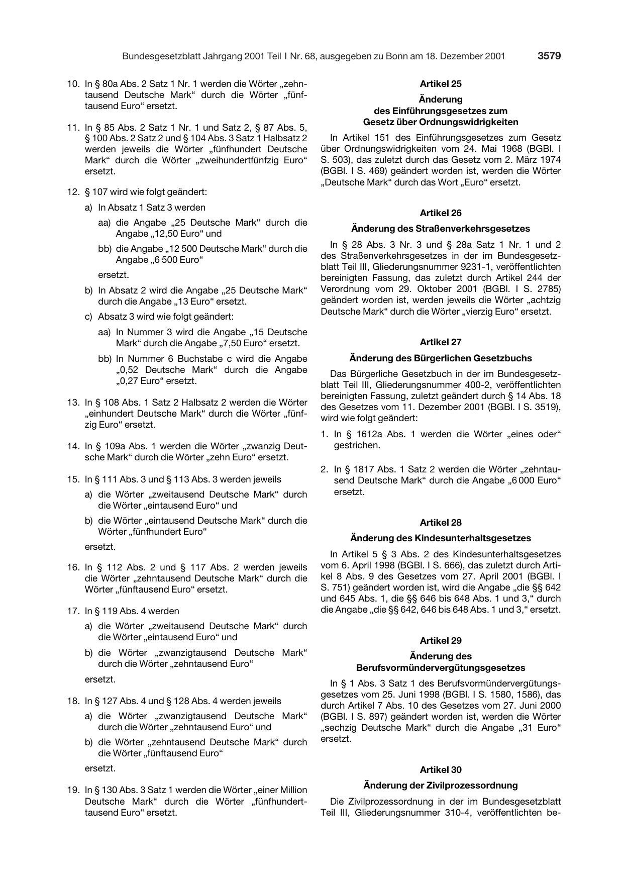 BGBl. 2001, Seite 3579 — Originalseite als Abbildung