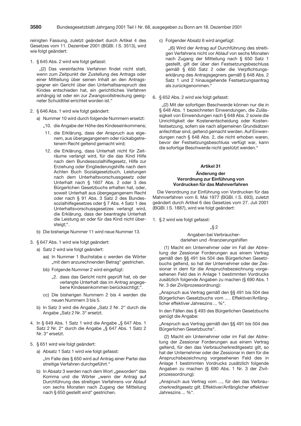 BGBl. 2001, Seite 3580 — Originalseite als Abbildung