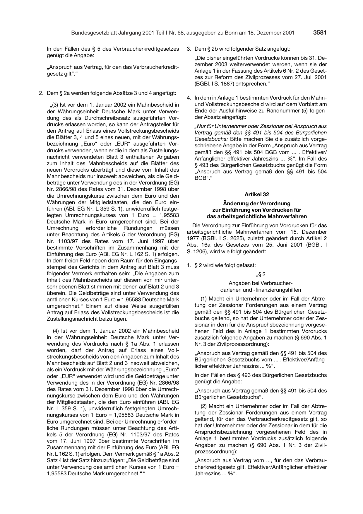 BGBl. 2001, Seite 3581 — Originalseite als Abbildung