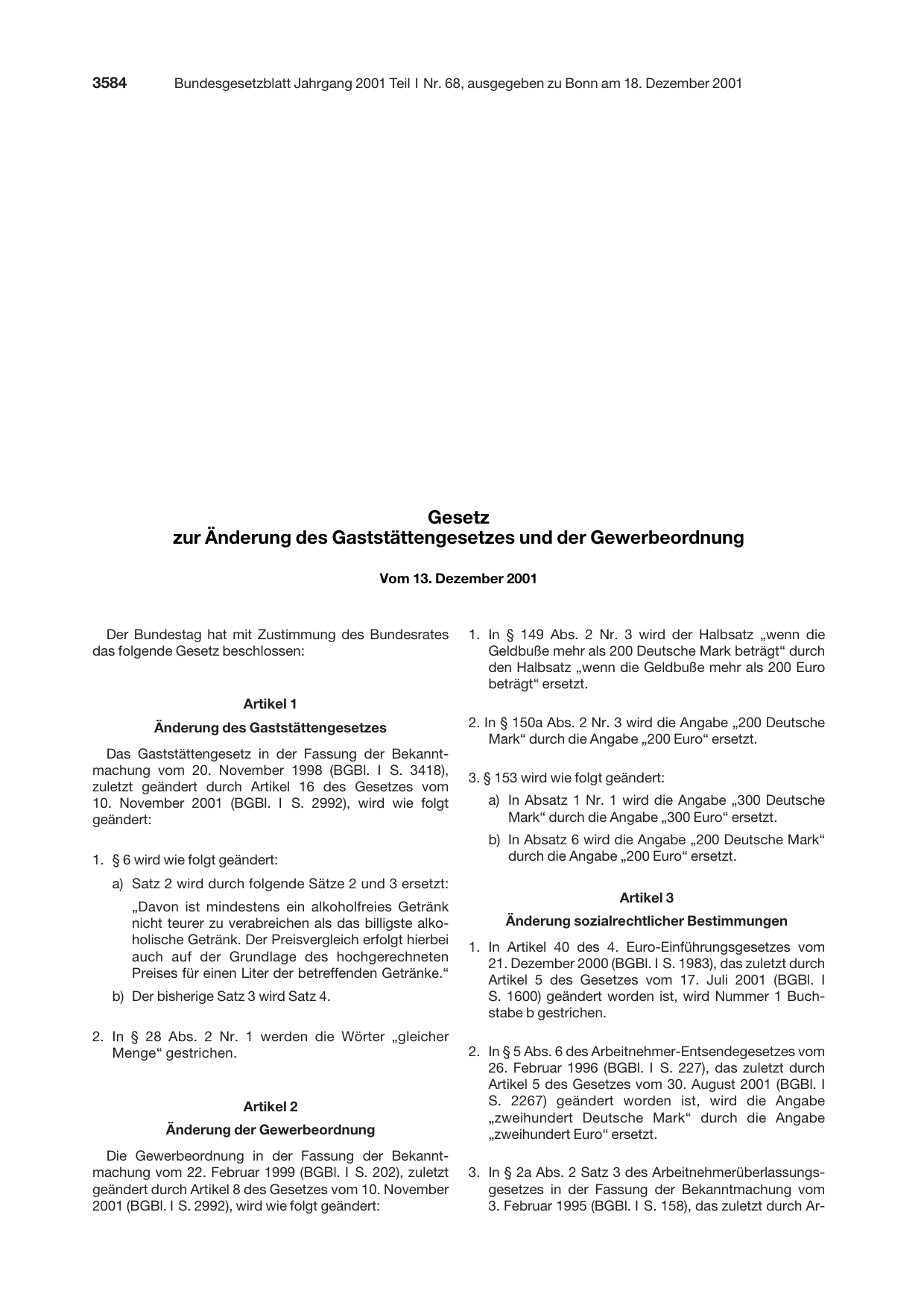 BGBl. 2001, Seite 3584 — Originalseite als Abbildung