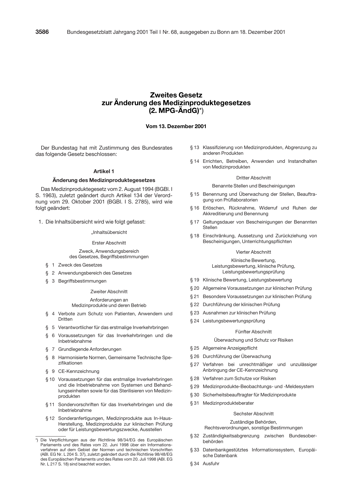 BGBl. 2001, Seite 3586 — Originalseite als Abbildung
