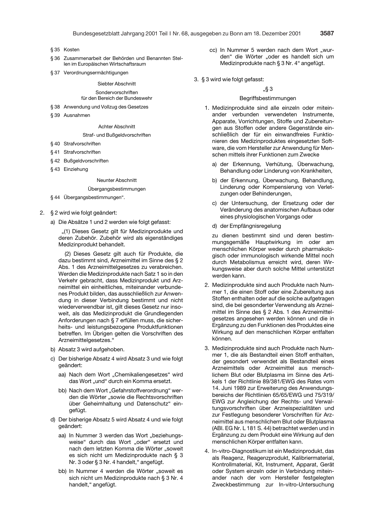 BGBl. 2001, Seite 3587 — Originalseite als Abbildung