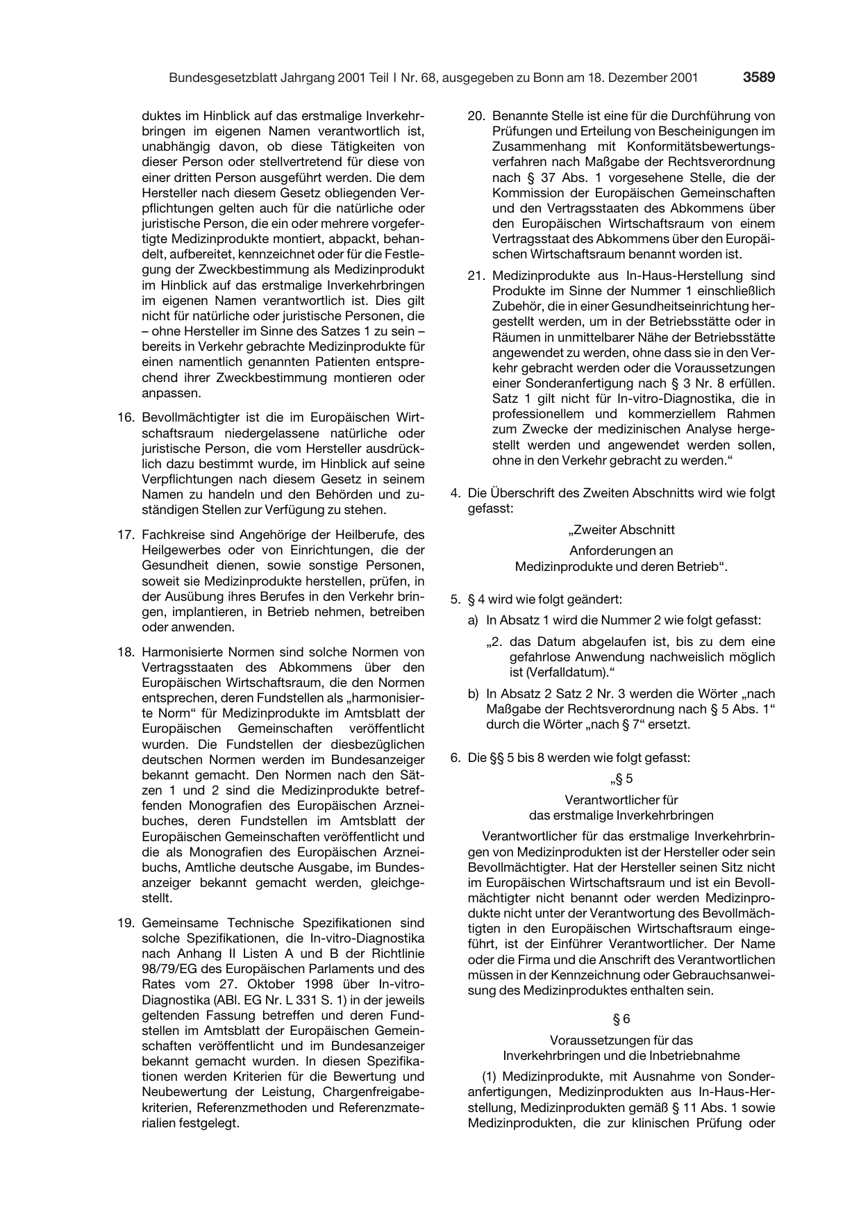 BGBl. 2001, Seite 3589 — Originalseite als Abbildung