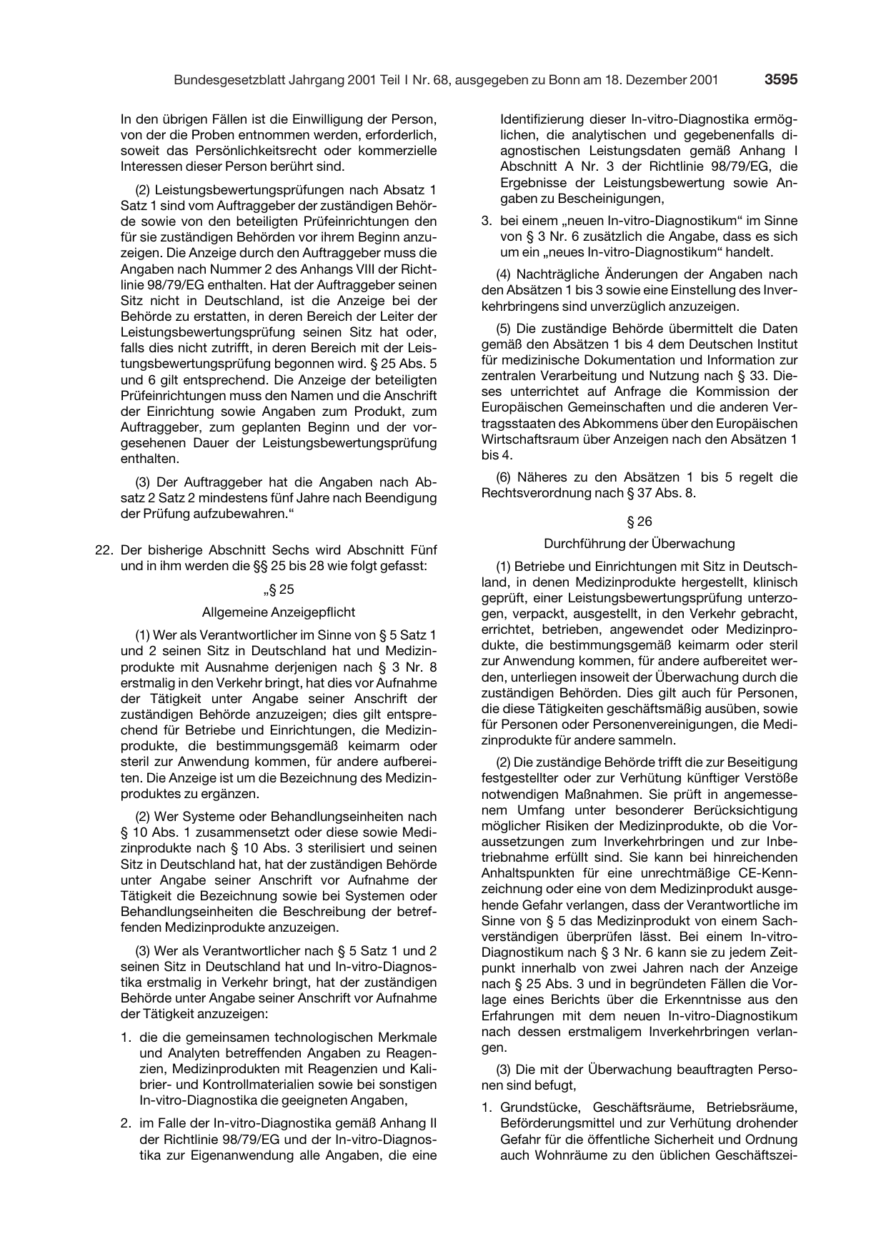 BGBl. 2001, Seite 3595 — Originalseite als Abbildung