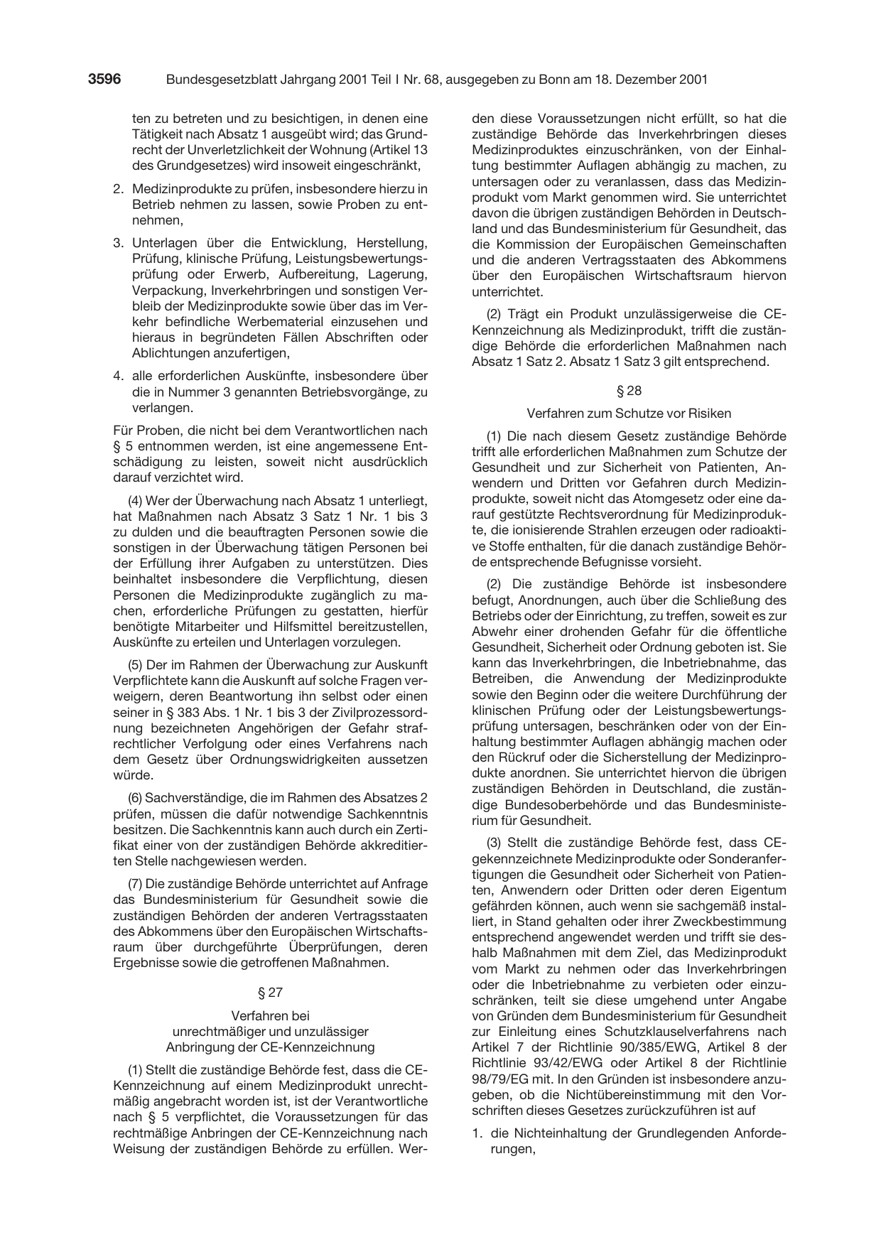BGBl. 2001, Seite 3596 — Originalseite als Abbildung