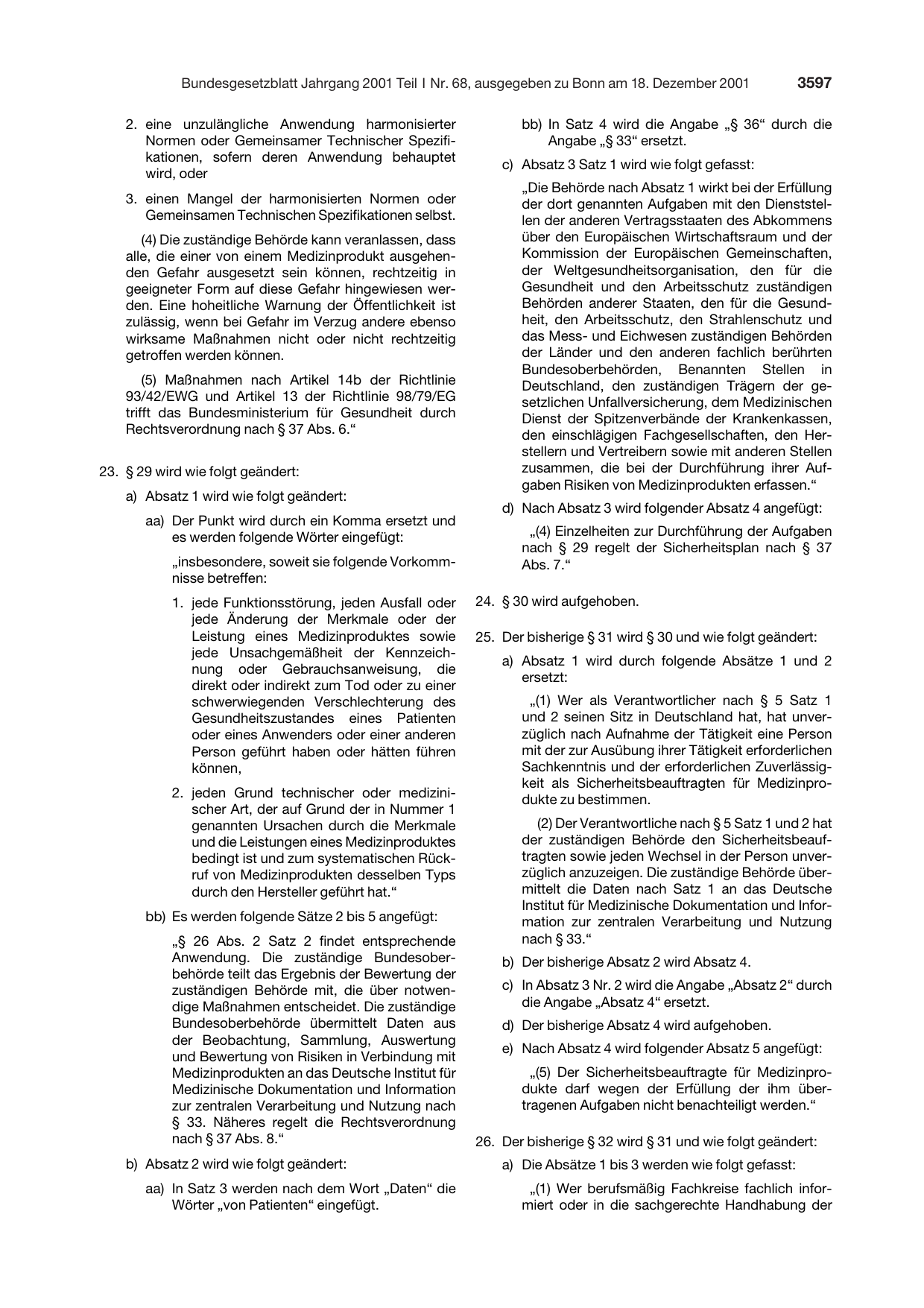 BGBl. 2001, Seite 3597 — Originalseite als Abbildung
