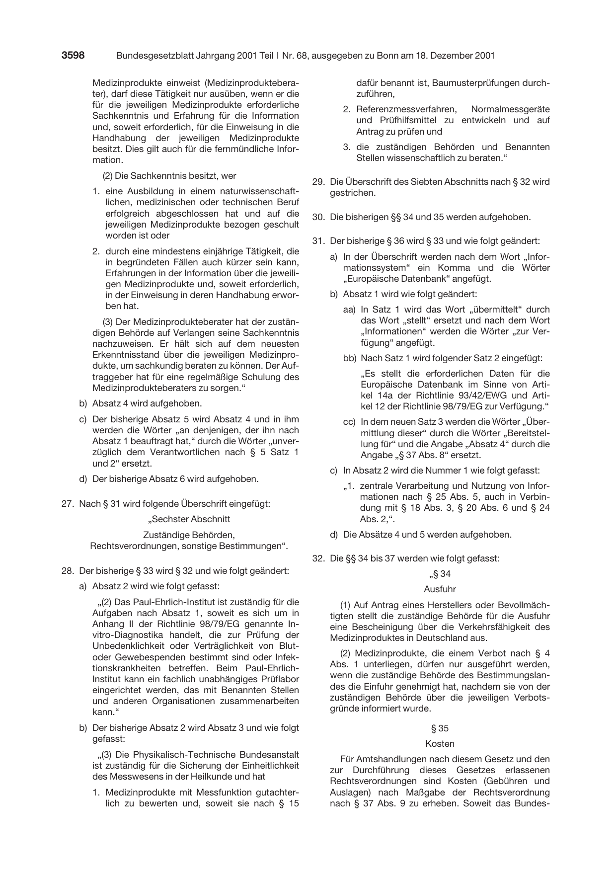 BGBl. 2001, Seite 3598 — Originalseite als Abbildung